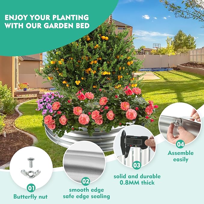 3FT Diameter Galvanized Garden Raised Bed/Plant Box/Fire Pit Ring-0.8mm Thick12 Inch TallCrimped Edge and CornerNo SharpePerfect for Plantings (Silver 36 Dia X 11.5 inches)