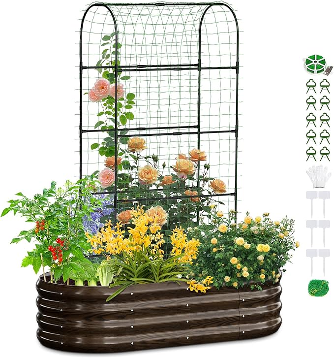 SUNYRISY 2Pack Galvanized Raised Garden Bed with 71in Arch Trellis for Climbing Plants Outdoor Planter Box with Climbing Net for Gardening Flowers Vegetables Fruits Herbs Wood Grain