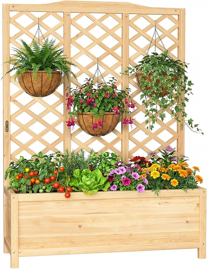 SUNYRISY Raised Garden Bed with Trellis for Climbing Plant Outdoor 59x44x16 Wooden Vertical Planter Box with Privacy Screen for Gardening Vine Flowers Vegetables