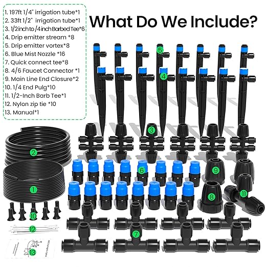 MIXC 230FT Quick-Connect Drip Irrigation System Kit Automatic Garden Watering System with 1/4 &amp 1/2 Fast-Lock Tubing - Adjustable Nozzles &amp Sprinklers for Garden Greenhouse Lawn Potted P