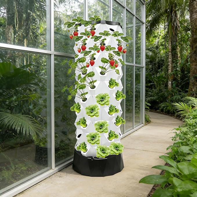 80 Pots Hydroponic Grow Tower Indoor 10-Tier Hydroponic Growing System Kit with 7.93Gal Water Tank &amp 660GPH Pump Automatic Watering Soil-Free Planter for Vegetables Lettuce Strawberry White