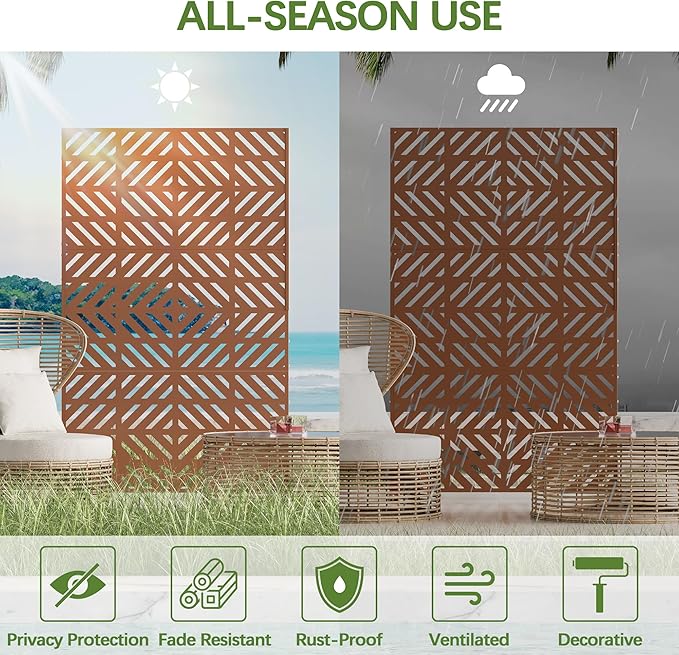 Cofar Metal Privacy Screen Outdoor 72 H×44 W -Brown Freestanding Outdoor Privacy Panels with Stand Decorative Fence for Patio Deck Balcony（Striped）