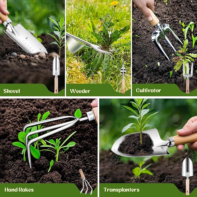 Garden Tools 9-Piece Heavy Duty Gardening Hand Tools with Floral Organizer Tote Bag Rust-Proof Garden Tool Set Thickened Repotting Mat Gardening Gifts for Women Mom Green