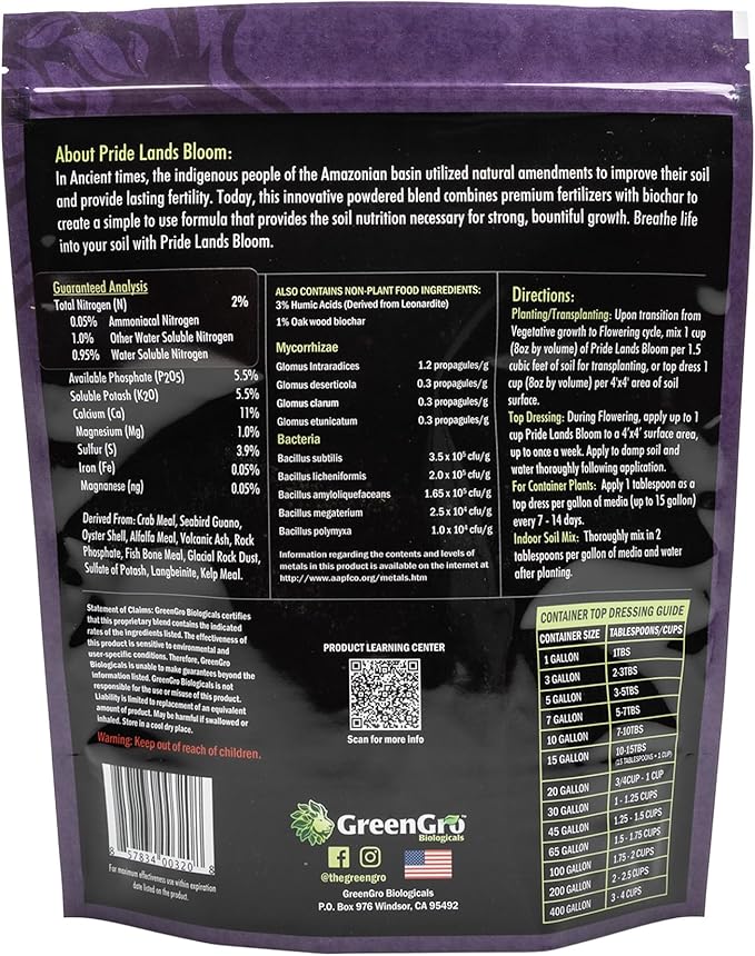 Pride Lands Premium Organic Bloom Fertilizer with NO Fillers Bigger Buds and Flowers Brighter Plants with Our Complete Bloom Nutrients Recharge Soil and Boost Growth with Optimal Blend of NPK 2 lb