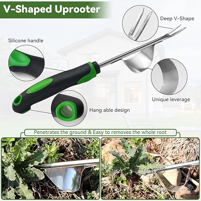 Stand Up Hand Weeding Tool Set Heavy Duty Stainless Steel Weed Puller for Lawn &amp Garden with 4-Claw Digger Crack Weeder and Ergonomic Rubber Handle Manual 3 Pieces