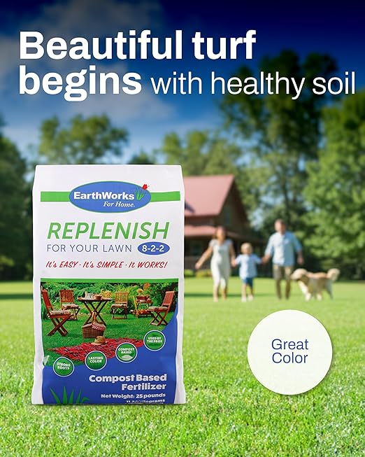 EarthWorks EW4H Replenish Lawn Fertilizer (8-2-2) Organic Compost Grass Food Deep Root Turf Booster Year-Round Green Soil-Building Formula for All Seasons 25 lbs