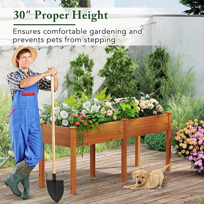 Raised Garden Bed with Legs Elevated Planter Box with Divider &amp 8 Drainage Holes Fir Wood Garden Box for Vegetables Flowers Fruits &amp Herbs (Brown Yellow)