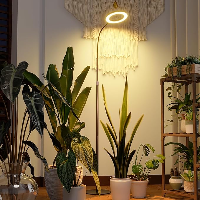 Bamworld Grow Lights for Indoor Plants Full Spectrum Plant Lights for Indoor Growing Floor Grow Lamp for Large Plants Auto ON/Off Timer 3/9/12H 10 Dimmable Levels 37-65 Adjustable Height
