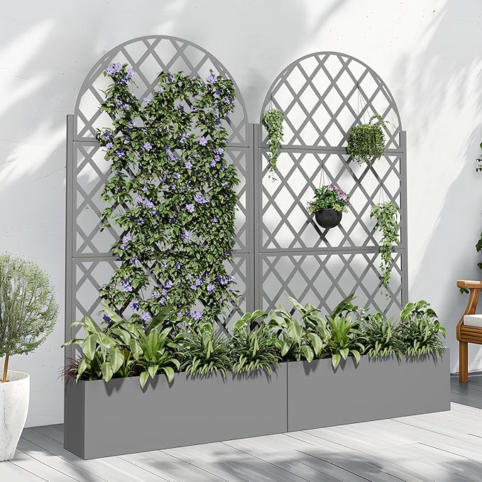 Casaphoria Metal Raised Garden Bed with Trellis and Wheels 72x35x16 Arched Planter Box for Climbing Plants Vegetables &amp Vines Features Drainage Holes and Privacy Screen (Grey-Laurence)