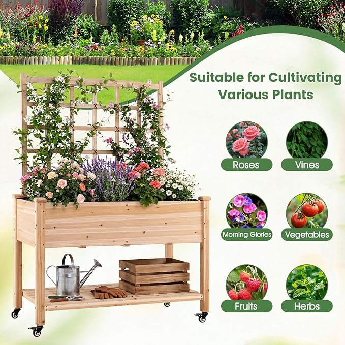 Giantex 65'' Wooden Raised Garden Bed w/Trellis on Wheels Mobile Elevated Planter Box w/Legs Liner &amp Drainage Holes for Climbing Plant Vegetable Herb Flower Outdoor Garden Box Backyard Balcony