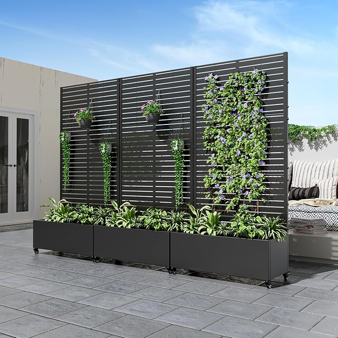 Casaphoria Metal Raised Garden Bed with Trellis and Wheels 72x35x16 Planter Box for Climbing Plants Vegetables &amp Vines Features Drainage Holes and Privacy Screen (Black-Louvered)