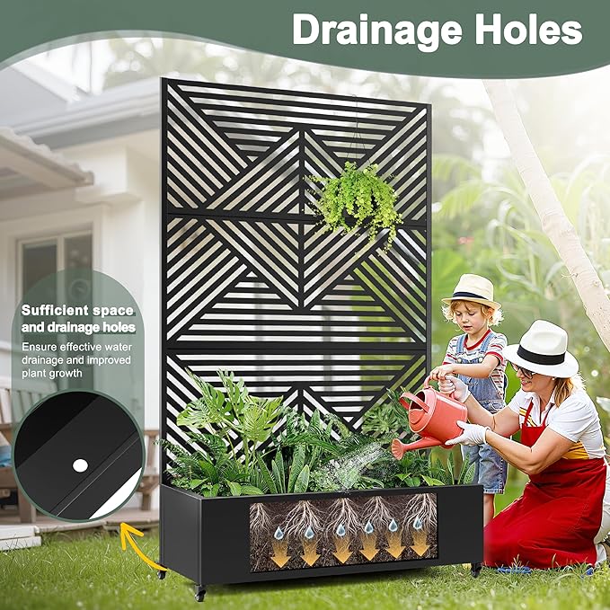 Standing Metal Planter Box with Trellis and Wheels for Climbing Plants Raised Garden Beds with Drainage Holes 47 L×16 W×71 H Privacy Boxes with Trellis (Black Zodiac)