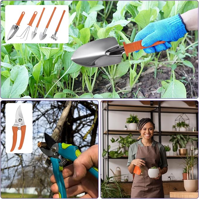 HARFINGTON 1 Set Garden Tool Set 10 Pieces Plastic Gardening Planting Tools Kits with Shovels Rake Scissor Trimmer Water Sprayer and Store Case Orange