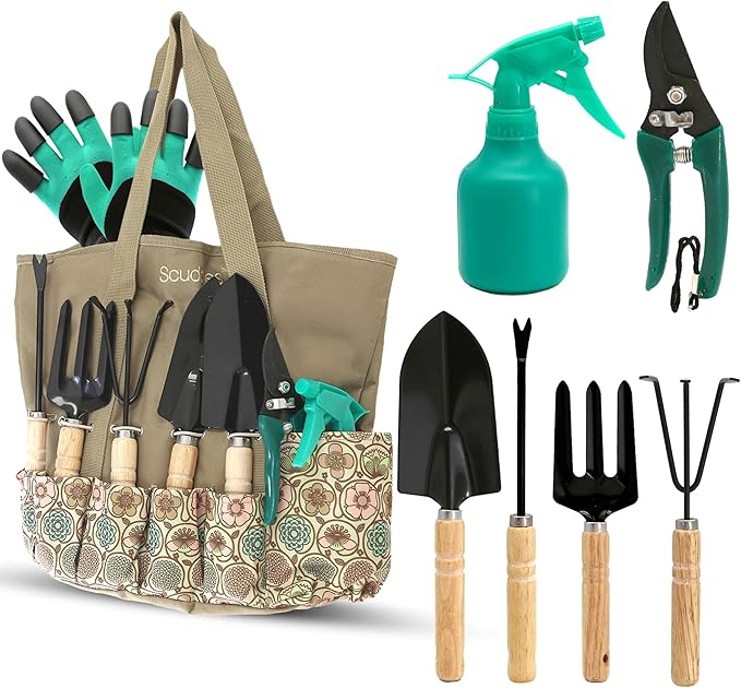 Scuddles All-in-One Gardening Tool Set with Large Storage Tote – Durable Rust-Resistant Hand Tools with Ergonomic Grip for Digging Weeding &amp Planting – Ideal Garden Gift for Women Men &amp Beg