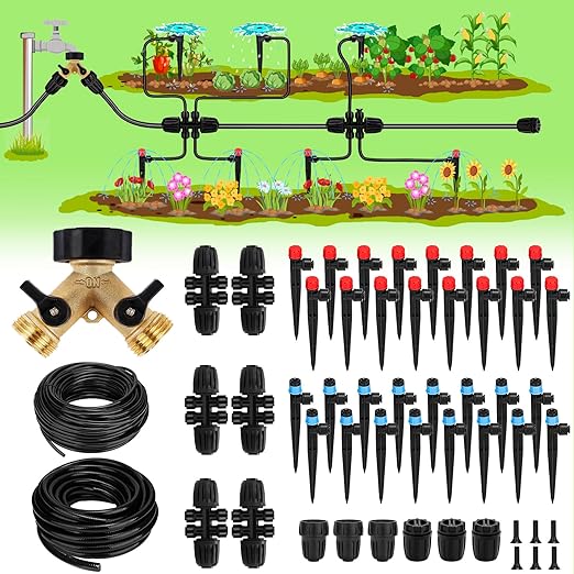 250FT Drip Irrigation System for Garden - 50FT 1/2 Main Tube &amp 200FT 1/4 Branch Tubing Brass Splitter Quick Connect Design Perfect for Outdoor Plants Raised Beds Greenhouses