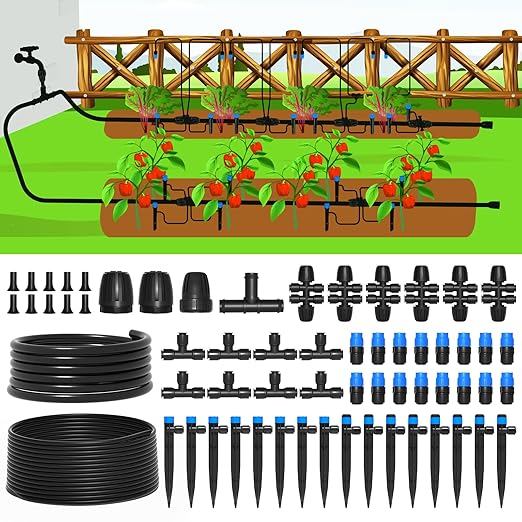 MIXC 247 FT Drip Irrigation SystemQuick Connector Garden Watering System Automatic Sprinkler System Kit for Lawn Raised Bed Greenhouse Plant Watering System with 1/4'' TubingDrip EmittersConnectors