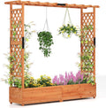 Giantex Raised Garden Bed with Trellis &amp Hanging Roof Wood Planter Box with Bottom and Drainage Holes Freestanding Garden Planter for Flower Vegetable Fruit Herb Climbing Vines 77x17x72