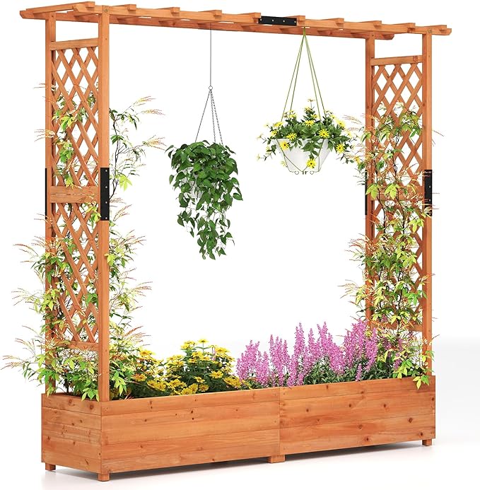 Giantex Raised Garden Bed with Trellis &amp Hanging Roof Wood Planter Box with Bottom and Drainage Holes Freestanding Garden Planter for Flower Vegetable Fruit Herb Climbing Vines 77x17x72