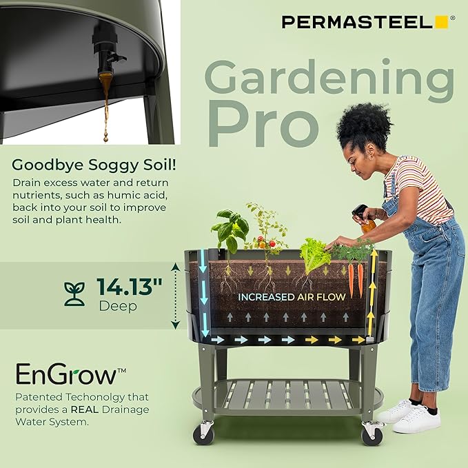 Permasteel Raised Garden Bed with Legs Planter Box with EnGrow™ TrueSoil™ Technology for Vegetables Flowers Herbs and Fruit Outdoor Indoor Storage Shelf Caster Wheels Green