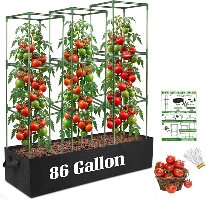 3-Pack Tomato Cage with 86 Gallon Raised Garden Bed - Anti Collapse Steel Core Plant Support System for Climbing Vegetables Plants Flowers 41 Adjustable Vertical Tomato Trellis for Garden Balcony