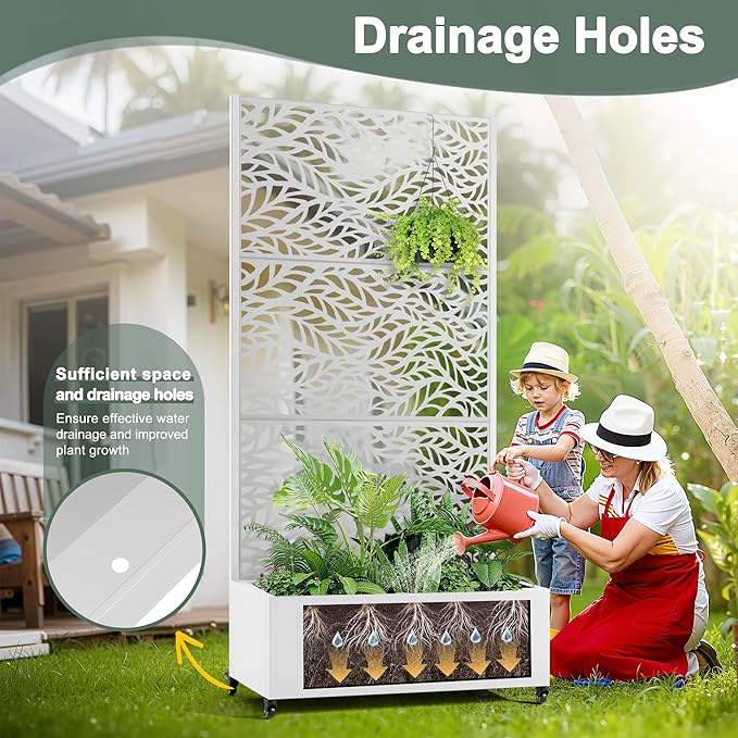 Metal Standing Planter Box with Trellis Privacy Planter for Patio Outdoor Raised Garden Beds with Trellis for Climbing Plants Garden Boxes with Wheels &amp Drainage Holes (35L White Spring)