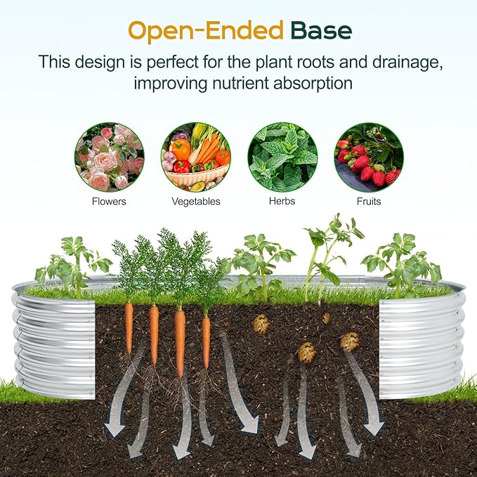 Aoodor Galvanized Raised Garden Bed Kit 6.6 x 2.6 x 1.4 Ft Oval Planter Box for Vegetables Flowers and Herbs Outdoor Use Silver