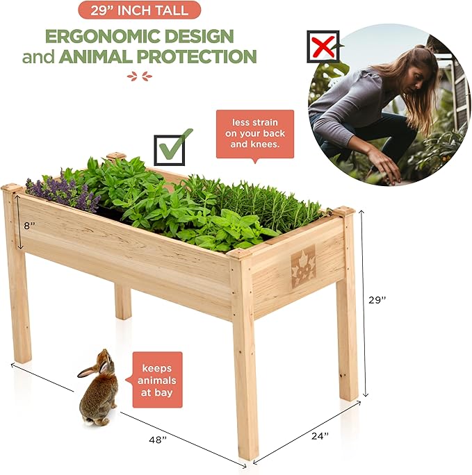Raised Garden Bed with Legs 48x24x30 - Natural Cedar Wood Elevated Planter Box with Bed Liner for Flowers Veggies Herbs - 200lb Capacity