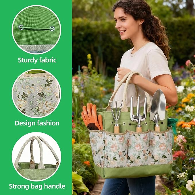 Gardening Tools 10 Pack Heavy Duty Rust-Proof Garden Tool Set with Organizer Tote BagSturdy Repotting MatGardening Gifts for Women Mom(Green)