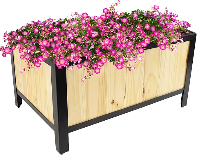 Sunnydaze Steel-Framed Acacia Wood Rectangular Planter Box - 15.5 H Wooden Raised Garden Bed with Removable Planter Bag - Natural