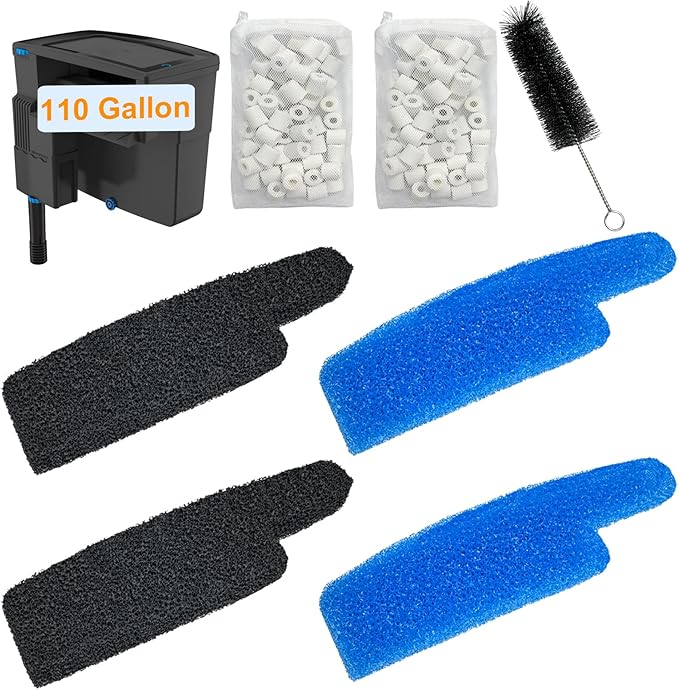 9 PCS Aquarium Media Kit Compatible with Seachem Tidal 110 Gallon (400 Liters) Fish Tank Filter Including 2 Ceramic Rings 2 Blue Foam Filters 2 Carbon Sponge Filters 1 Brush and 2 Mesh Bags