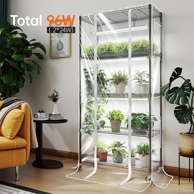 Bstrip Indoor Greenhouse with Grow Light Mini Green House with 4 Pack T8 Full Spectrum Plant Lights with Timer Indoor Greenhouse Cabinet for Indoor Plant Seed Starting Seed Tray 29.5x13.8x59