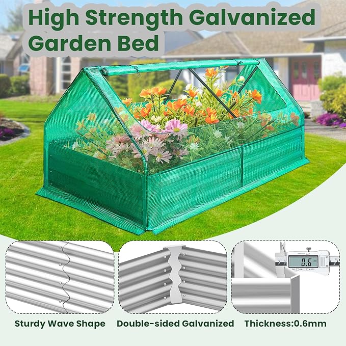 3-1 Galvanized Raised Garden Bed 73 x 37.4 x 36 inch Greenhouse Cover Outdoor Garden Yard Greenhouse Tent with Zipper Doors Garden Bed Planter Kit Box for Growing Flowers Fruits Vegetables