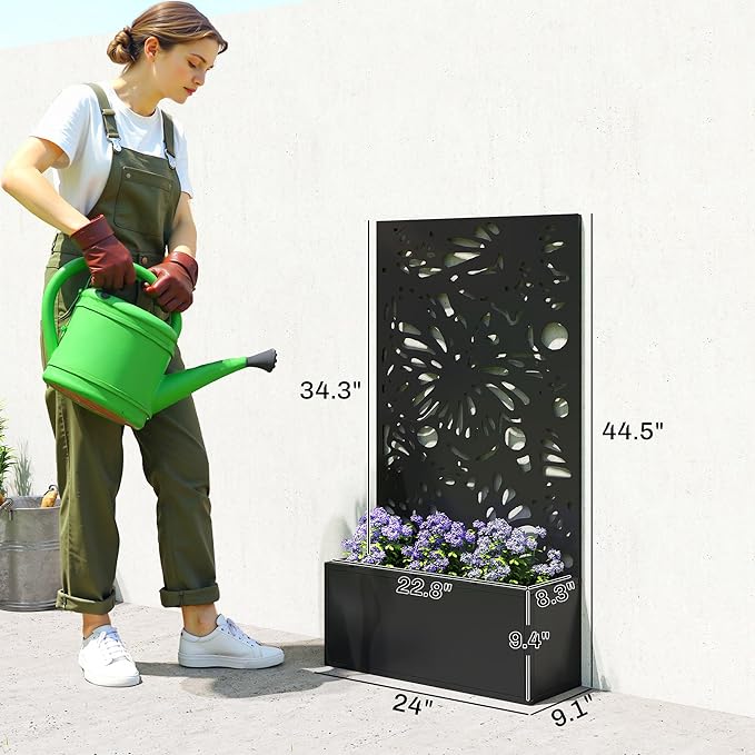 Outsunny Metal Raised Garden Bed with Trellis for Climbing Plants Freestanding or Wall Mounted Flower Bed with Privacy Panel Butterfly Cut-Out Outdoor Planter Box for Garden Patio Balcony