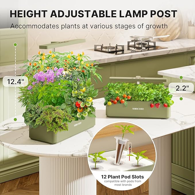SUNCOZE Hydroponics Growing System Kit 12 Pods 24W LED Grow Light Indoor Garden 4L Water Tank with Quiet Pump Adjustable Height Herb Garden Planter Indoor Kit Gardening Gifts Green