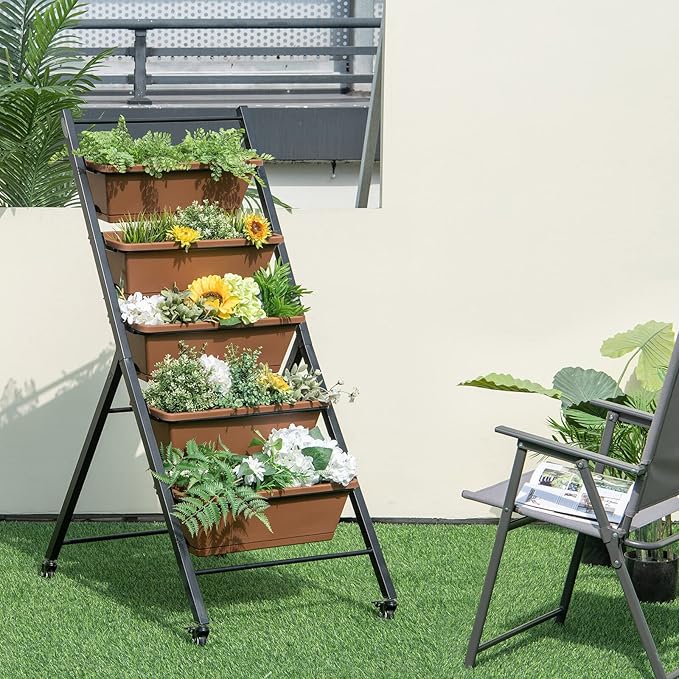 Giantex Vertical Raised Garden Bed on Wheels 5-Tier Elevated Planter Boxes Garden Beds with Drain Hole Freestanding 5 Containers for Herb Vegetables Flowers Growing Indoor Outdoor Patio Balcony