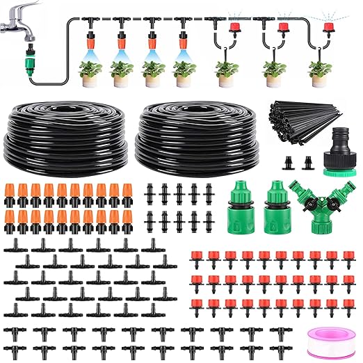 LasTool 98FT Drip Irrigation KitAutomatic Garden Watering System with 1/4 TubingAdjustable Mist Sprayer Nozzles &amp Drip Emitters for Raised BedPatioLawn Greenhouse-Easy DIY Installation