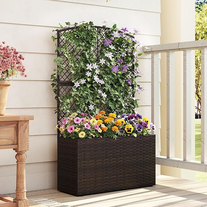 HAPPYGRILL Raised Garden Bed with Trellis 49 Wicker Planter Box w/Privacy Screen Liner Drainage for Patio Balcony Outdoor PE Rattan Elevated Garden Bed for Climbing Plant Vine Flower (Brown2)
