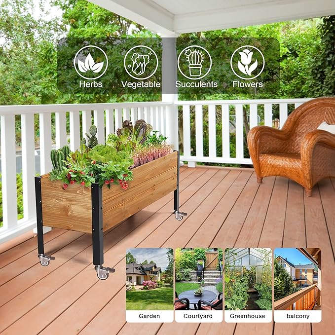 Wood Rectangular Garden Planter Box with Wheel Raised Garden Bed OutdoorPlanters for Outdoor Plants 37 * 13 * 15 Elevated Planter Box for Herbs Vegetables Flowers Outdoor Patio Deck Balcony