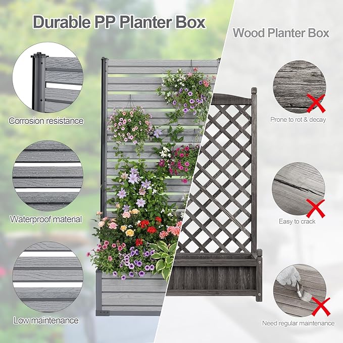 Aoodor Patio Privacy Screen with Planter Box for Climbing Plants Freestanding or Wall Mounted Flower Bed with Privacy Panels for Patio Balcony &amp Backyard 36''L x 14''W x 74''H