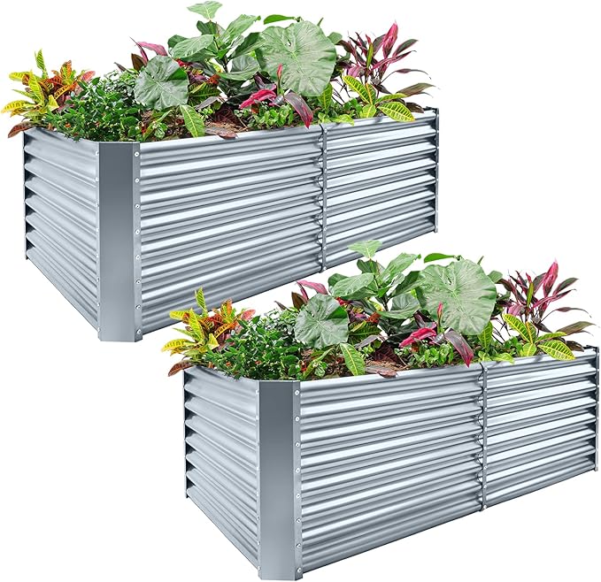Land Guard 2 Pack 8×4×2ft Galvanized Raised Garden Bed Kit Galvanized Planter Raised Garden Boxes Outdoor Large Metal Raised Garden Beds for Vegetables (Modern Grey)