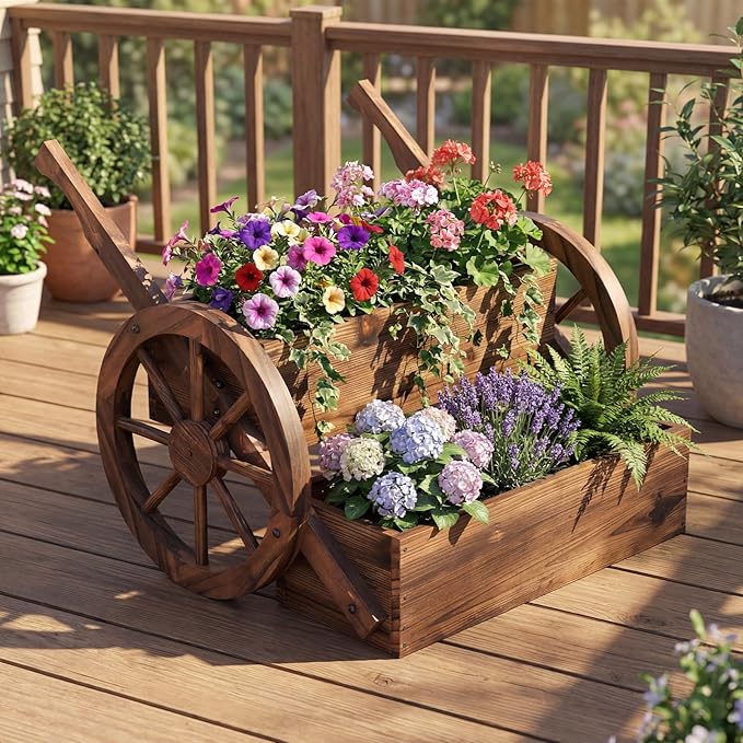 HAPPYGRILL Wooden Wagon Planter Box 2-Tier Raised Garden Bed w/Wheels &amp Drainage Hole Decorative Garden Planter for Flowers Herbs Vegetables Indoor Outdoor Flower Cart for Patio Garden Balcony