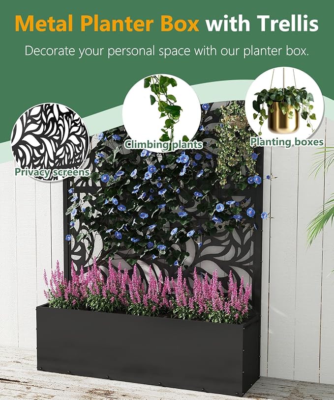 Metal Planter Box with Trellis70.9x47.2x15.7 Raised Garden Bed with Drainage Holes Privacy Planters for Outdoor Garden Bed for Climbing PlantsVegetablesand Vines Black-Flower