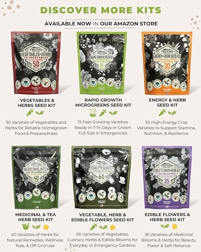 Tactiko Survival 15 Vegetable Seed Kit Varieties for Small Urban Garden Balconies &amp Patios - Non-GMO Heirloom - Popular USA-Grown Dwarf Seeds for Planting Vegetables - Indoor Outdoor