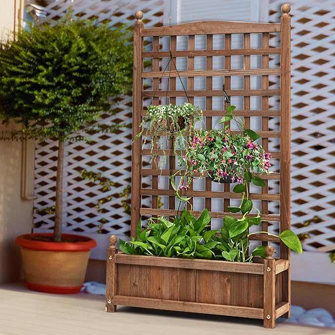 2 Pcs Raised Garden Bed with Trellis 25 x 11 x 48 Inch Wood Planter Box w/Drainage Holes Freestanding Planter for Climbing Plants Flowers Vines Outdoor Patio Yard Balcony