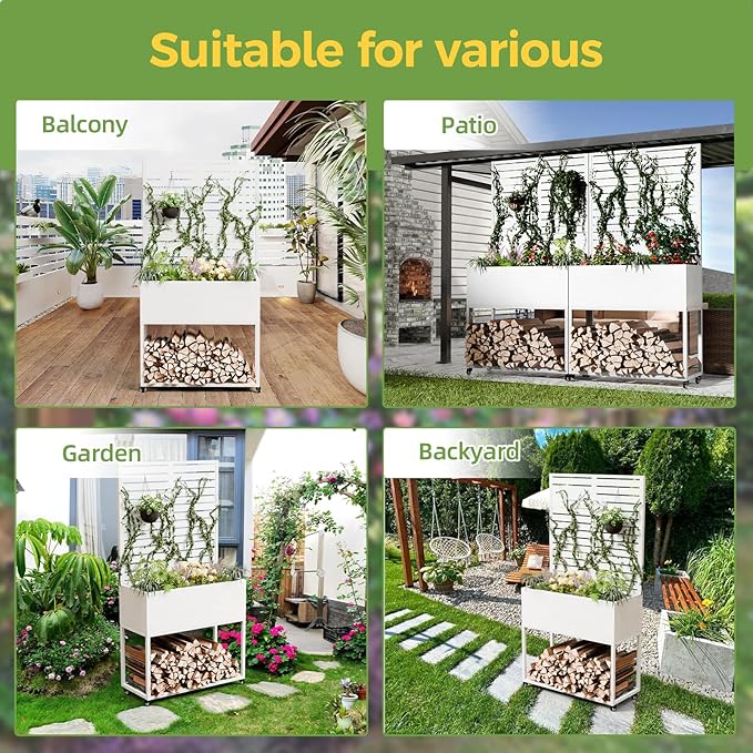 Raised Garden Bed with Trellis Metal Raised Planter Box with Trellis Privacy Planters for Patio Raised Garden Beds Outdoor Standing with Drainage Holes Wheels White