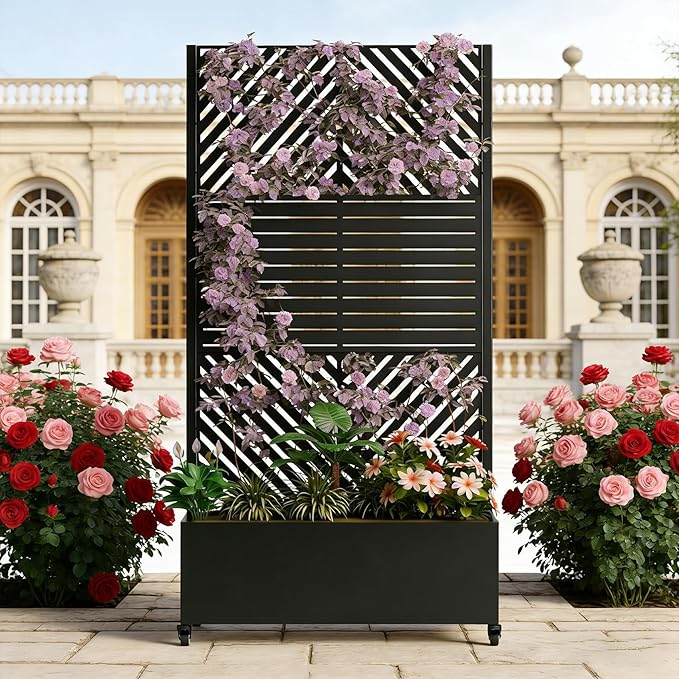 Sturdy 47x16x73 Inch Galvanized Steel Raised Garden Bed with Trellis Metal Planter Box on Wheels for Patio Privacy Screen 12 Inch Deep Root Mobile Vertical Garden Planter for Climbing Plants (M4)