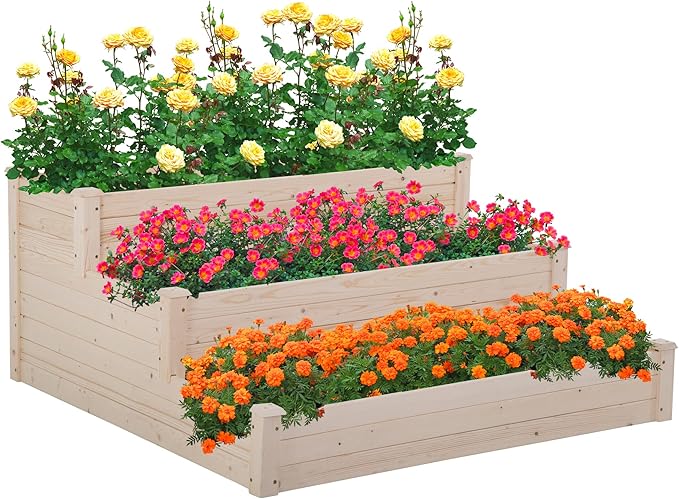 FDW 3 Tier Raised Garden Bed Outdoor Wooden Planter Box 48x48x29 ft Wood Elevated Planter Box with Divided Sections Open-Ended Base for Vegetables Flowers Herbs Plants