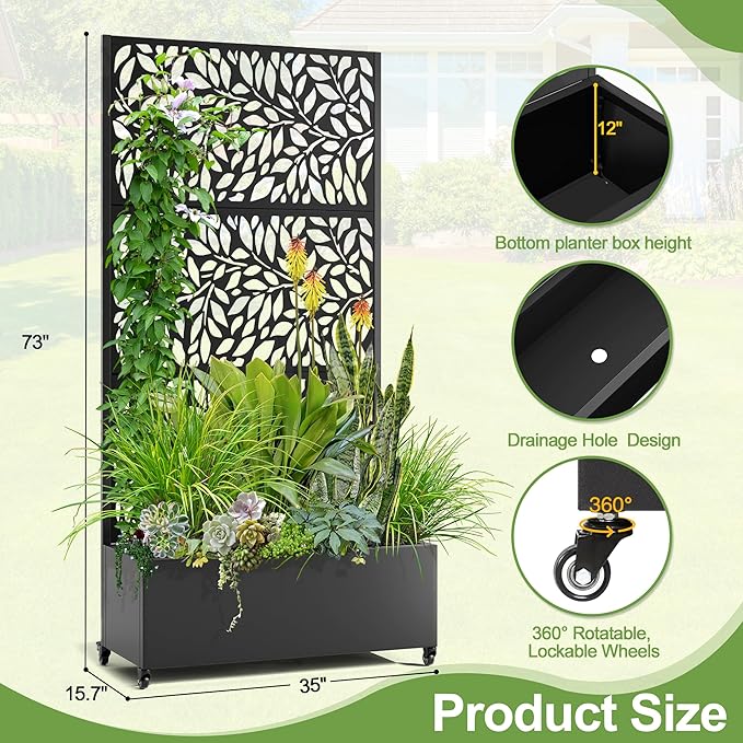 Raised Garden Bed with Trellis and Wheels73x35x16 Metal Raised Garden BedBlack Flowing Leaf-2 Metal Planter with Climbing Trellis for Vines &amp Vegetables