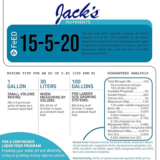 Jack's Nutrients 15-5-20 Tap Water-Soluble Fertilizer 2.2lbs - Lowers Water pH for Leaf and Root Growth in Continuous Liquid Feed Programs