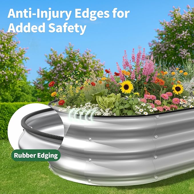 Kesfitt Raised Garden Bed 4x2x1 FT Galvanized Steel Metal Raised Garden Bed Oval Open-Bottom Design 12-Inch Deep for Outdoor Vegetable &amp Herb Gardening Silver
